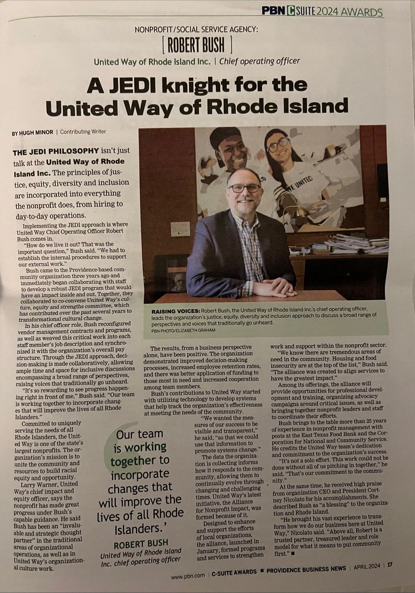 It was a delight to speak with Robert Bush and his colleagues for this article highlighting @liveunitedri's commitment to diversity and community building! Congratulations on your C-Suite Award from @ProvBusNews.