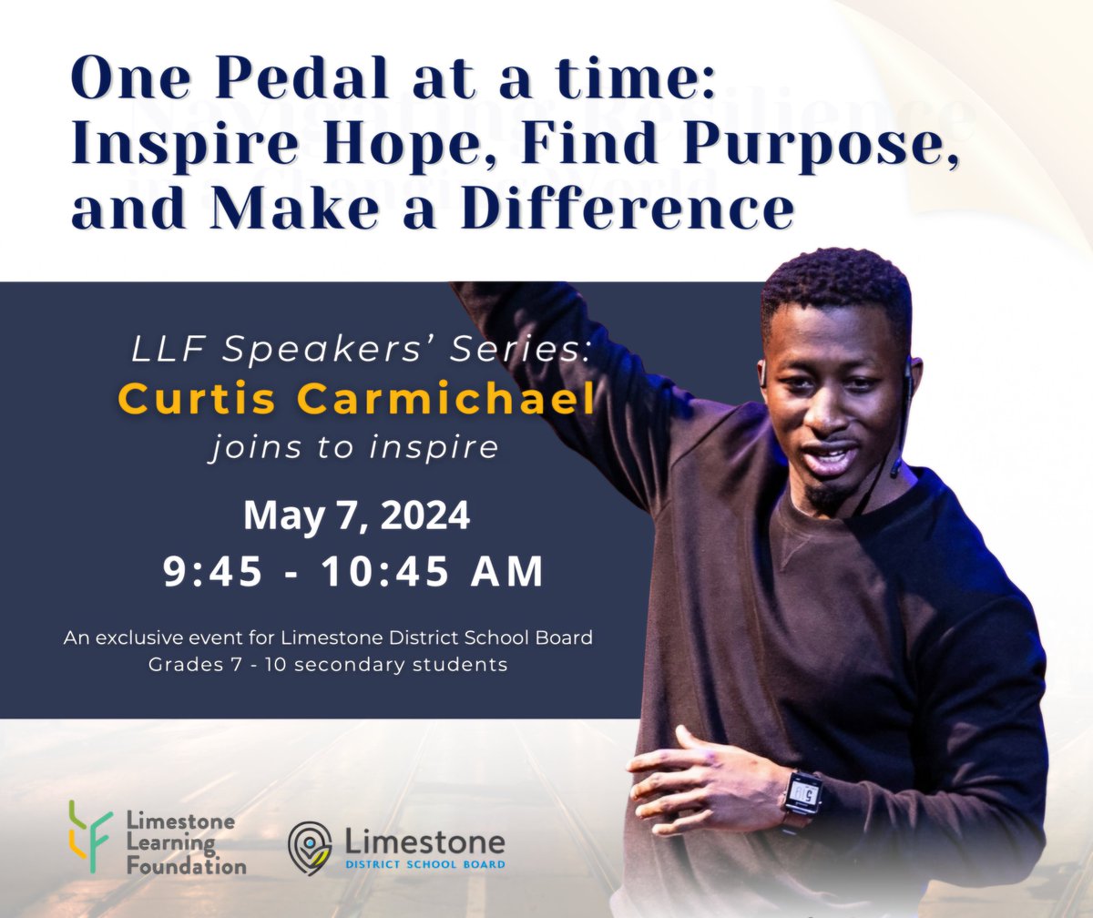 Curtis Carmichael joins the LLF Speaker Series on May 7! He'll guide @LimestoneDSB students in Grades 7-10 through a journey of purpose, and how technology and passion can create change. Learn how to step into your potential!! @CurtisCarmicc #LLFSpeakerSeries #InspireChange