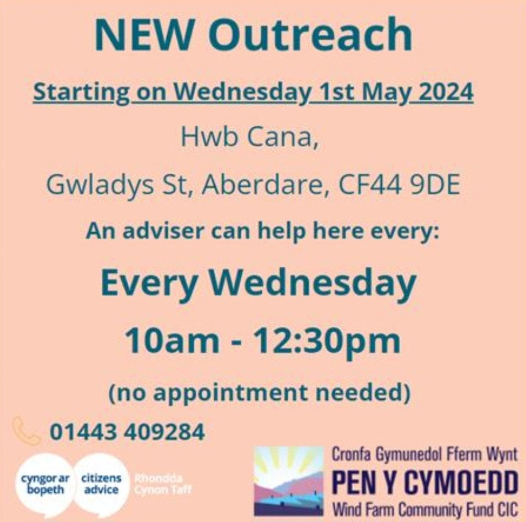 ❗️NEW OUTREACH VENUE ❗️

We are pleased to share that a new advice drop in service will be starting Wednesday the 1st of May at Hwb Cana. 

Our team will be on hand to offer free, impartial, confidential advice. 

📆No is appointment needed.

☎️Contact us on 01443 409284 for info