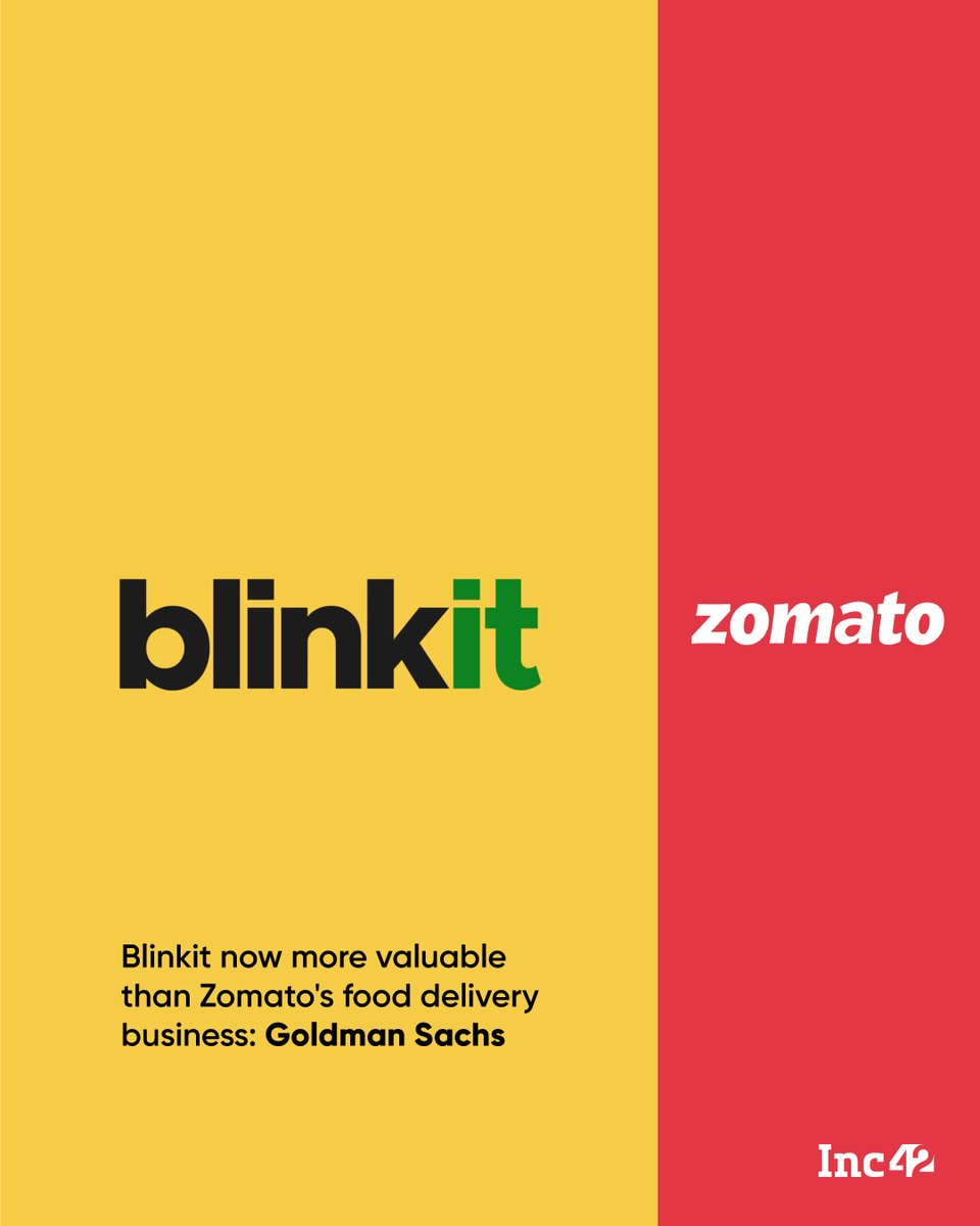 Blinkit is now more valuable than Zomato’s food delivery business: Goldman Sachs 💸👇

Zomato's quick commerce gamble with Blinkit seems to be paying off in a big way.

According to a recent report by Goldman Sachs, Blinkit's valuation has skyrocketed, surpassing that of Zomato's…