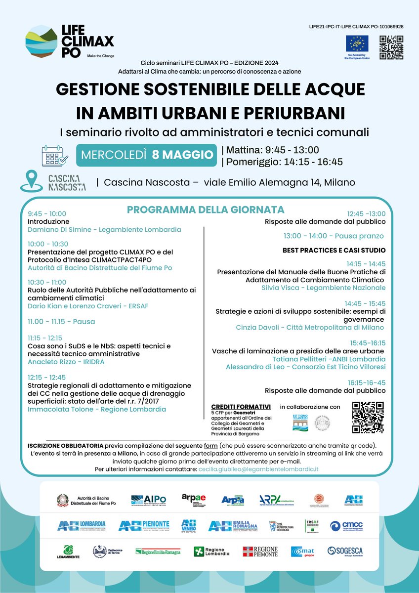 LIFEClimaxPo's tweet image. #LifeClimaxPo #SaveTheDate! Proseguono i nostri seminari, per "Adattarsi al Clima che Cambia" rivolti ai rappresentanti politici e tecnici della pubblica amministrazione
📅 8 maggio a Milano:🔗 lifeclimaxpo.adbpo.it/.../gestione-s…...
📅 15 maggio ad Argenta: 🔗 lifeclimaxpo.adbpo.it/.../le-infrast…