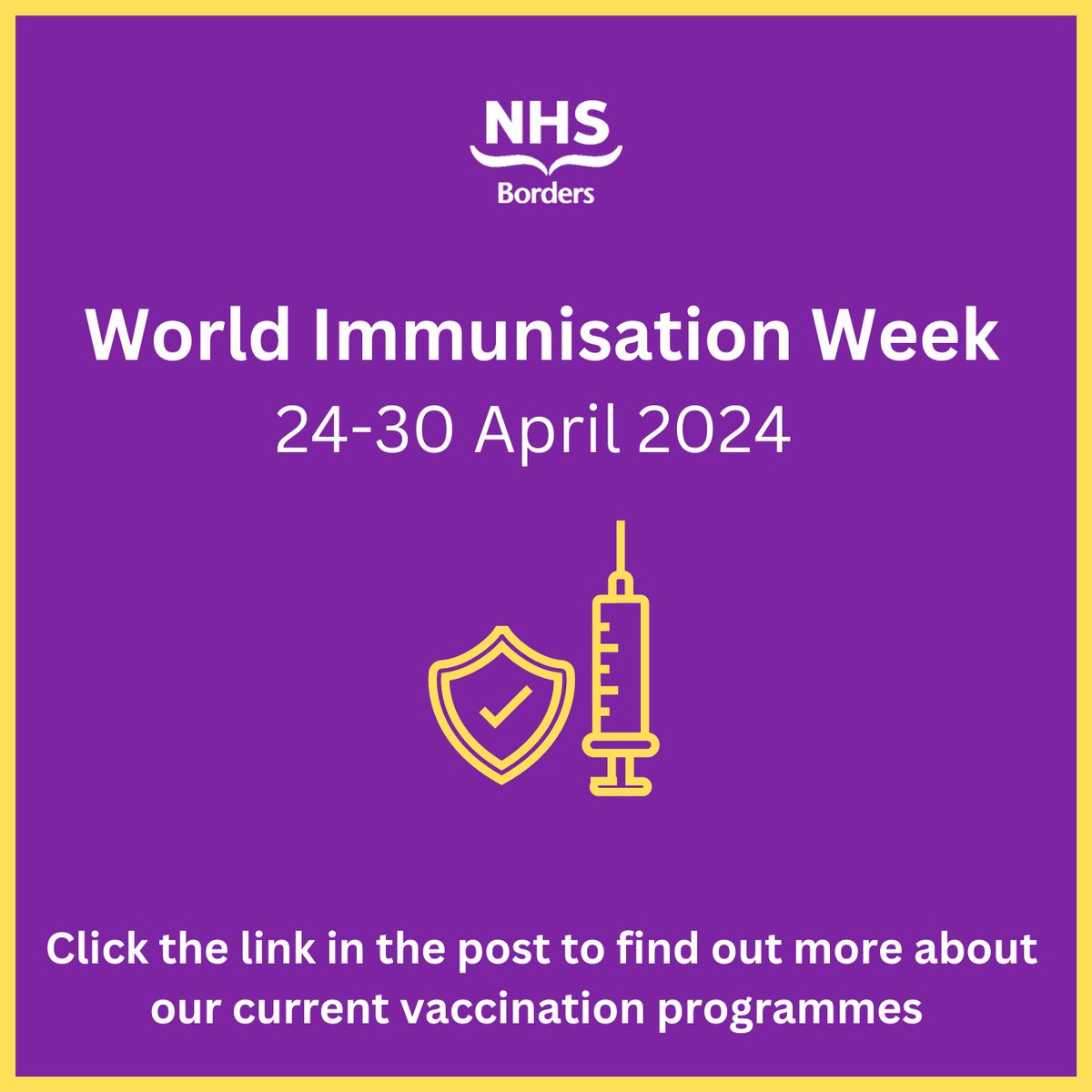 Vaccines play a vital role in protecting the health of our communities This #WorldImmunisationWeek we are highlighting our current vaccination programmes Click here to find out more about our current vaccination programmes 👉 nhsborders.scot.nhs.uk/wiw-2024