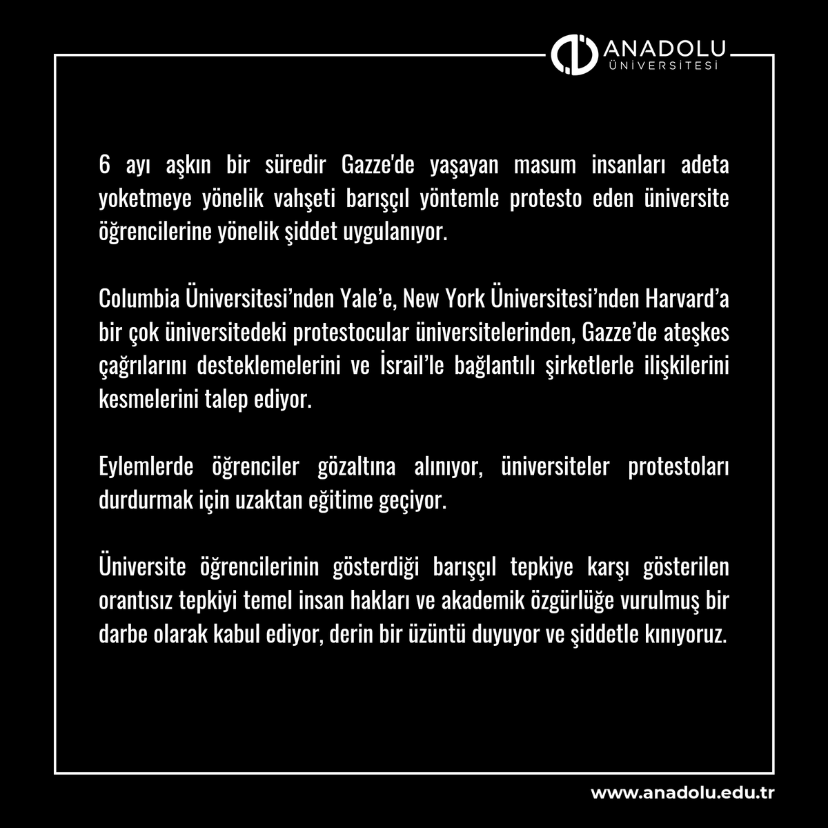 ÖDTÜ, İTÜ, Ankara Üni, Anadolu Üni Amerikan üniversitelerini protesto etmiş.
Filistin yanlısı gösterilerde öğrencilere "oransız şiddet uygulanıyormuş."
Bu rektörler Türkiye'de sokağa çıkan öğrencilerin başına gelenlerden habersiz mi?
İnsan aynaya bakar da utanır.