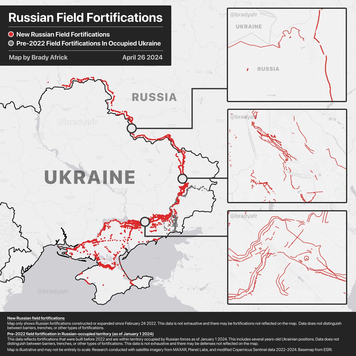 Russia transformed its border with Ukraine over the past two years with multiple lines of defenses. Russian forces continue expanding fortifications along this border and within occupied Ukraine. This update adds newly mapped Russian positions found in satellite imagery. (1/5)