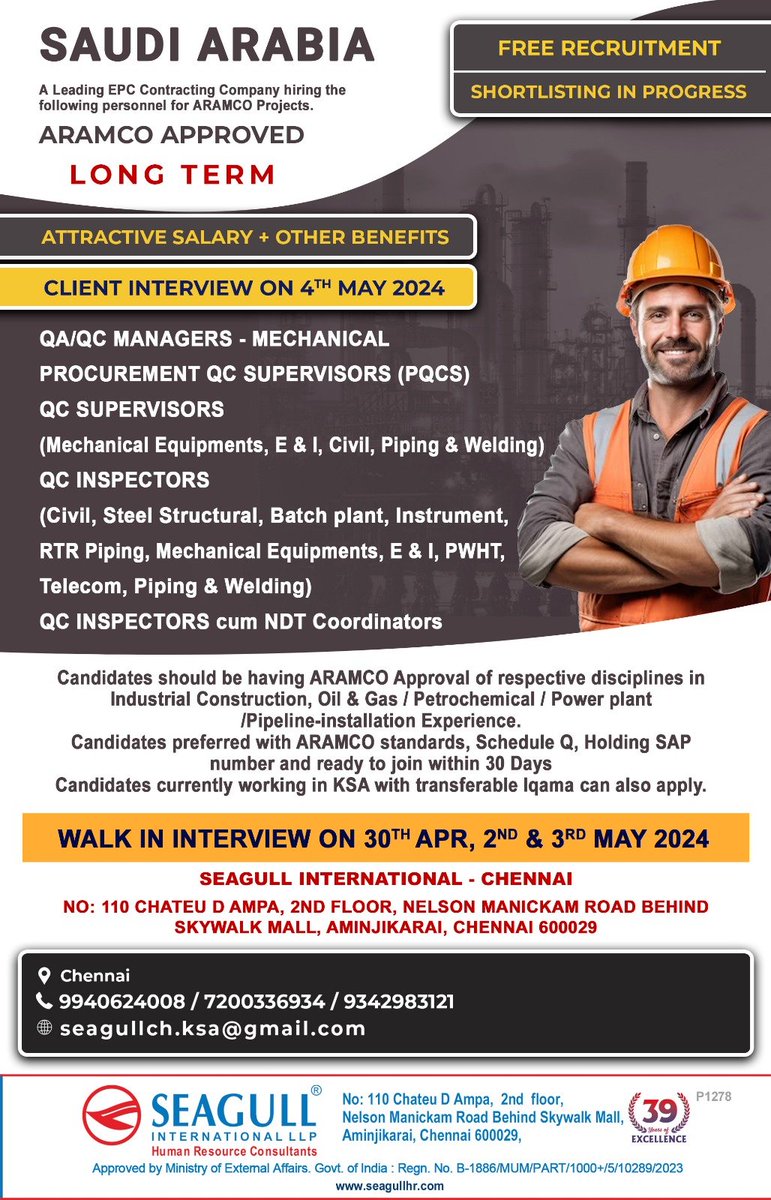 hrd1_seagull's tweet photo. 🇸🇦Saudi Arabia Jobs
‼️Free Recruitment - Long Term Project
📝Shortlisting In Progress
📝Walk In Interview On 30th April , 2nd & 3rd May 2024
💻Client Interview On 4th May 2024
📍Location - Chennai
.
.
.
#saudiarabiajobs #seagull #qaqcmanager #mechanical #procurement https://t.co/aI488j1hhE