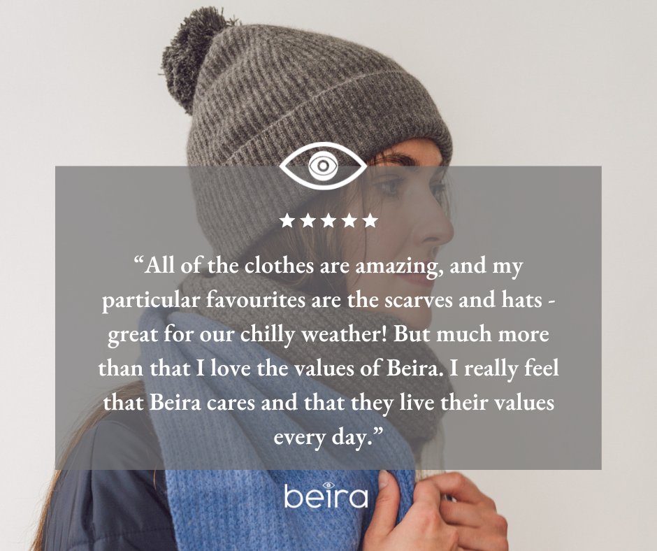 🌟 Review Day! 🧣
Wrap up in our scarves and hats, perfect for chilly days! 
Beyond fashion, we're proud to share our values of caring for people and the planet. 
Wrap up in style and share your Beira experience with a Google review! 💚🌍 
#CozyFashion #EthicalStyle