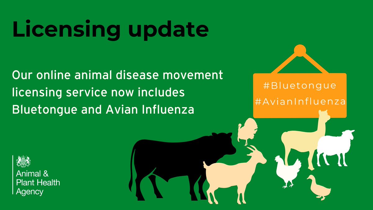 In the event of an #AvianInfluenza or #Bluetongue outbreak in in England, Scotland or Wales, you may need a licence to move your animals if you are in a disease control zone. You can now apply online for a licence to move animals in these zones: gov.uk/guidance/apply…