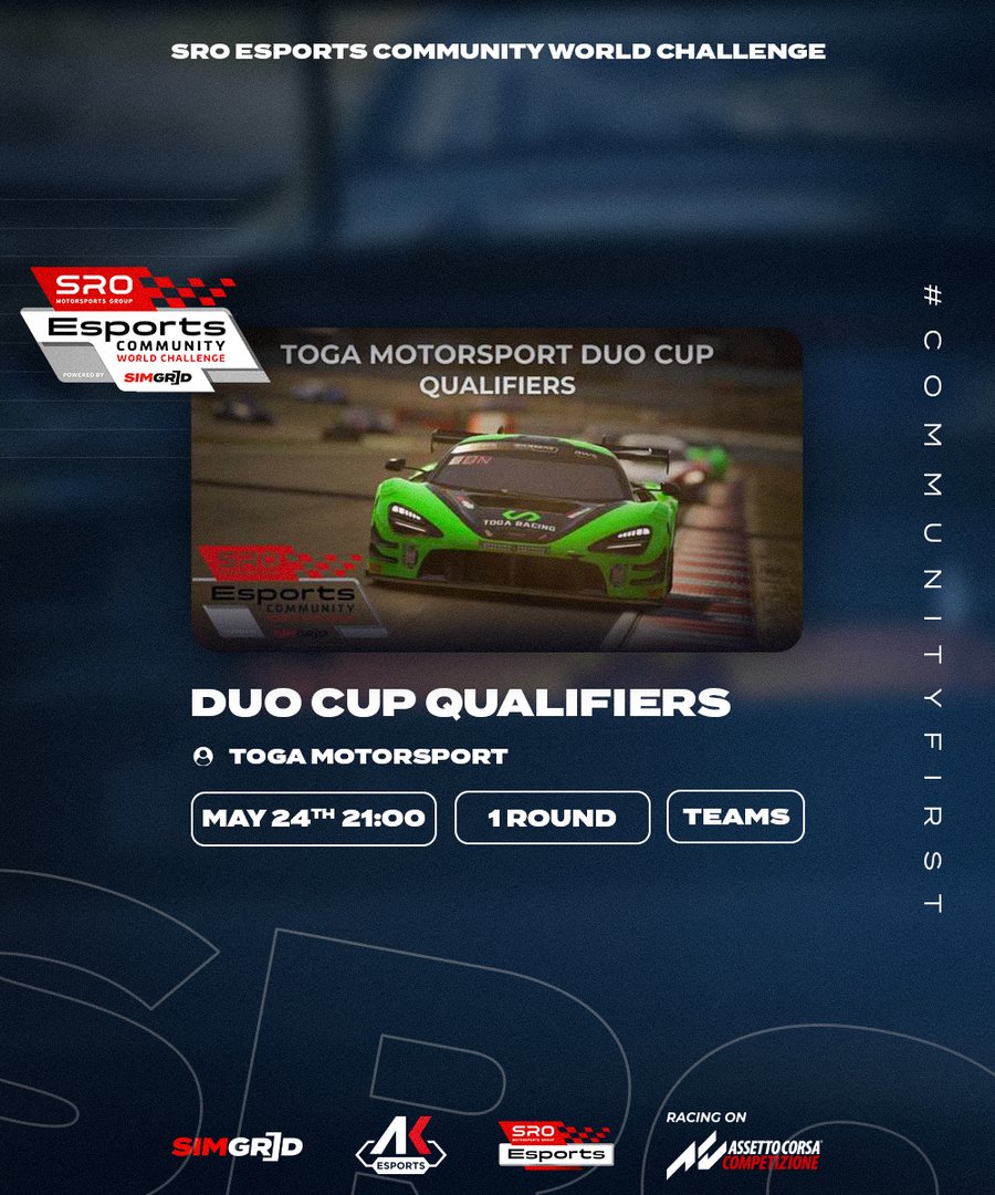 Toga Motorsport are hosting the qualifiers for the DUO championship 26th May & 2nd June 🔥 🏁 2x 90min Races 👥 Teams of 2 🥇100 slots with the top 50 FASTEST times will be promoted to the main DUO Cup Event to be announced soon! 👀 Full details. 👇 thesimgrid.com/championships/…