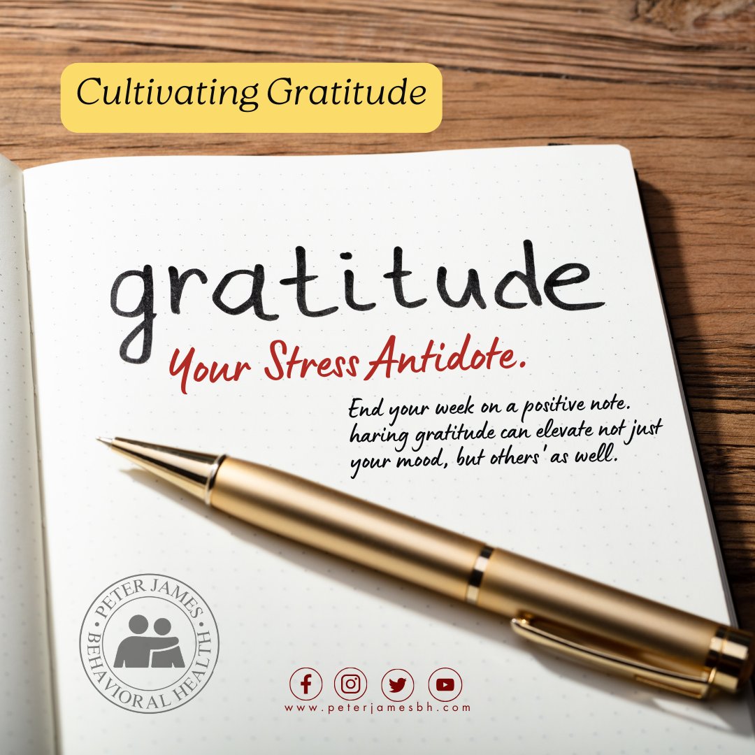 Let’s end the week on a high note with #Gratitude! 🌟🙏 Reflect on what made you grateful this week and share it with us. Every moment counts in nurturing our mental well-being!
Visit us at peterjamesbh.com. 
We’re here for YOU!
#PJBHJourney #StressAwarenessMonth2024