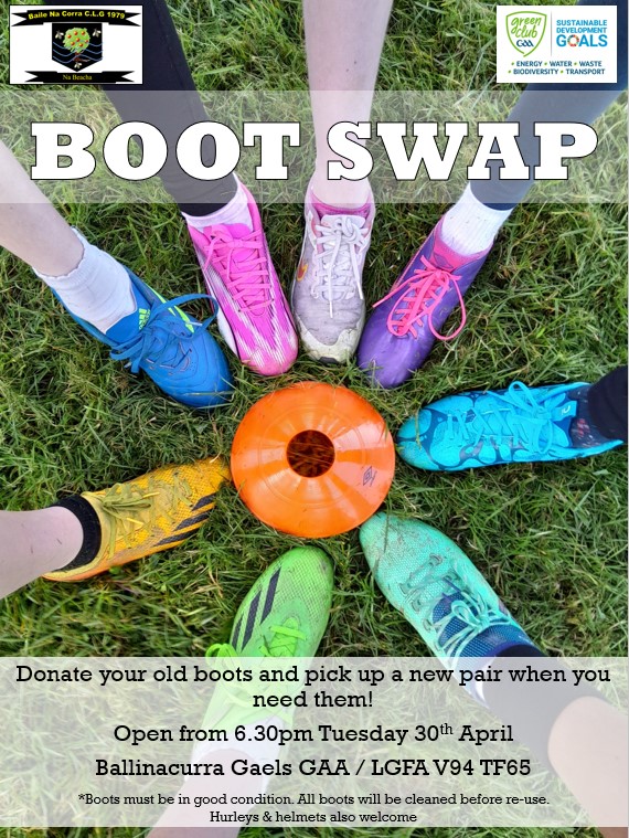 Ballinacurra Gaels GAA and LGFA Club are delighted to announce the launch of our new Boot Swap initiative for 2024. We all know how quickly young children grow out of footwear and are very aware of the ever-increasing cost of new boots. #GAA #LGFA #Bootswap #Limerick cont/