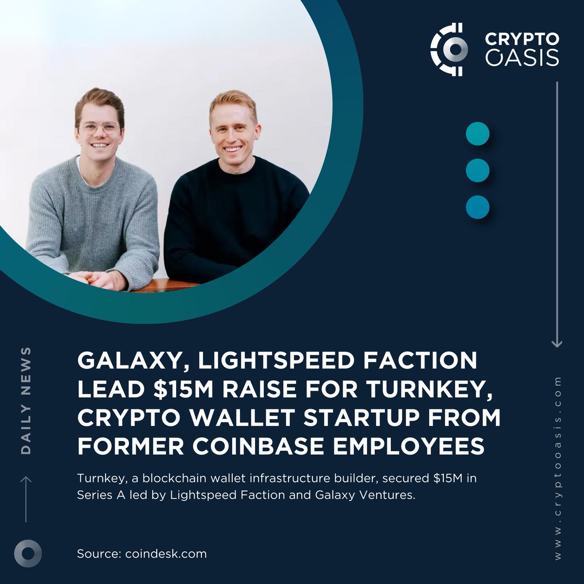 Galaxy, lightspeed faction lead $15m raise for turnkey, #crypto wallet startup from former @Coinbase employees. Turnkey, a #blockchain wallet infrastructure builder, secured $15M in Series A led by Lightspeed Faction & Galaxy Ventures. tinyurl.com/bdfktdvr @Zawya