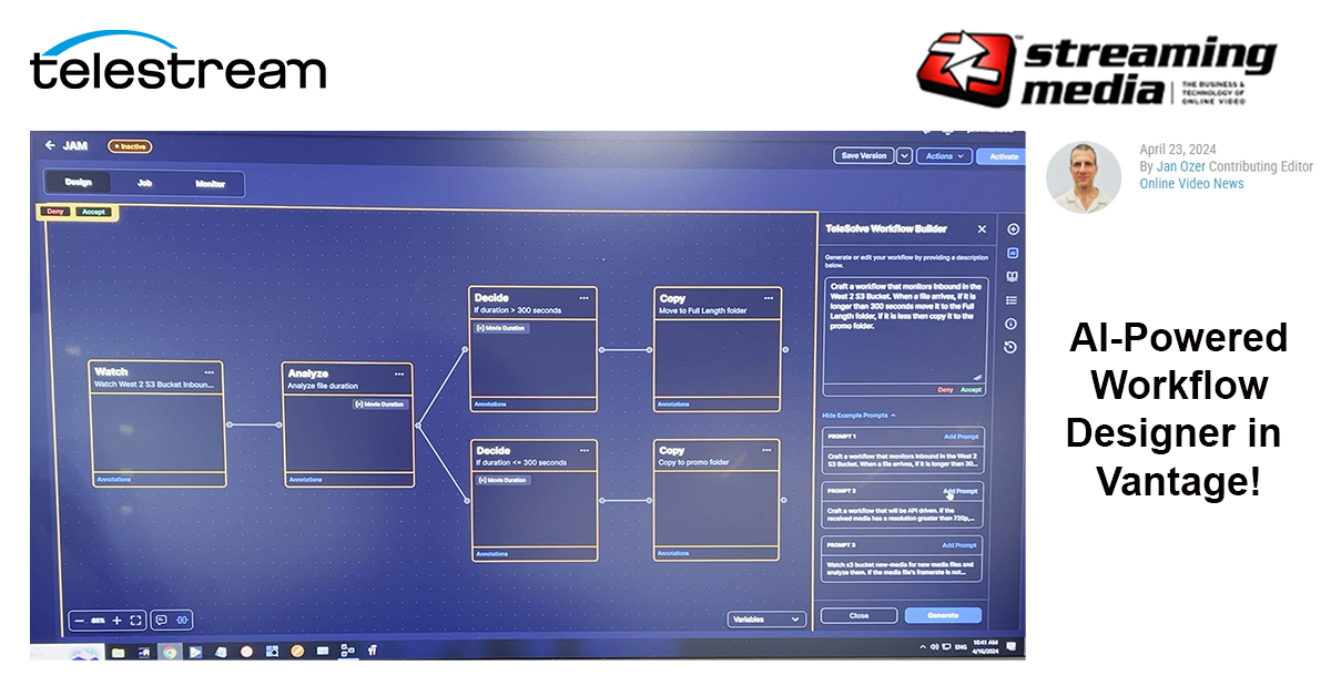 Learn about Telestream's award-winning, AI-Powered Workflow Designer in Vantage! Read more in #StreamingMediaMagazine. bit.ly/3JB7ANP  

#Telestream #Vantage #streamingmedia #AIworkflows #AI #broadcast #media #technology #mediaprocessing #workflowautomation