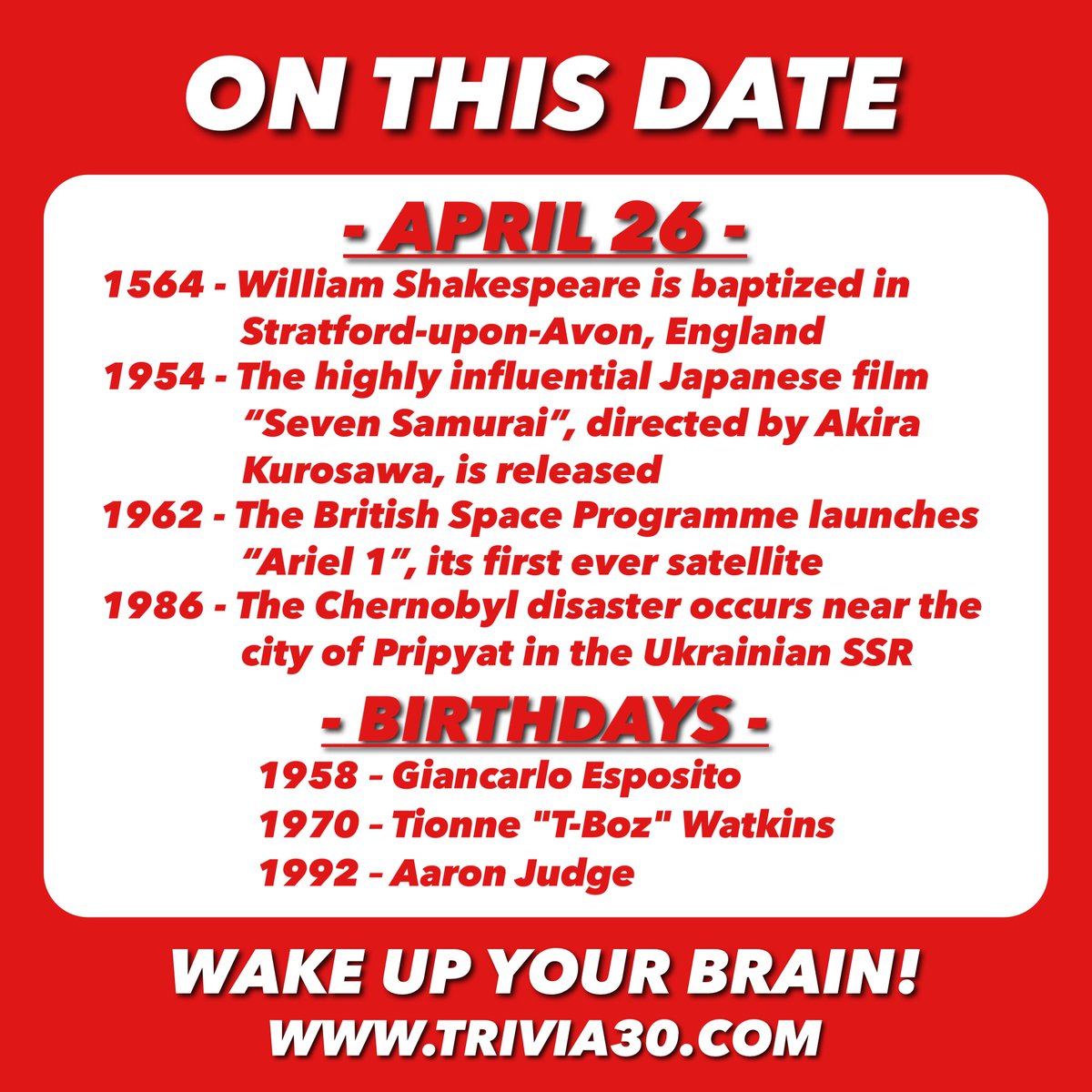 Your OTD trivia for 4/26... Have a great Friday everyone! #trivia30 #wakeupyourbrain #Shakespeare #shakespearesbirthday #SevenSamurai #AkiraKurosawa #Space #UK #Chernobyl #GiancarloEsposito #TBoz #TLC #AaronJudge #Yankees