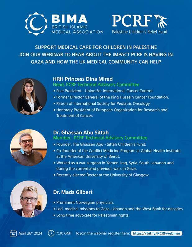 Honoured to be chairing this important webinar introducing the work of @ThePCRF with @BritishIMA, joined by distinguished guests @dinamired @GhassanAbuSitt1 @DrGilbert Free & open to all 📅 *TONIGHT* Friday 26th April at 7.30pm UK time 🔗 britishima.org/event/pcrf-web…