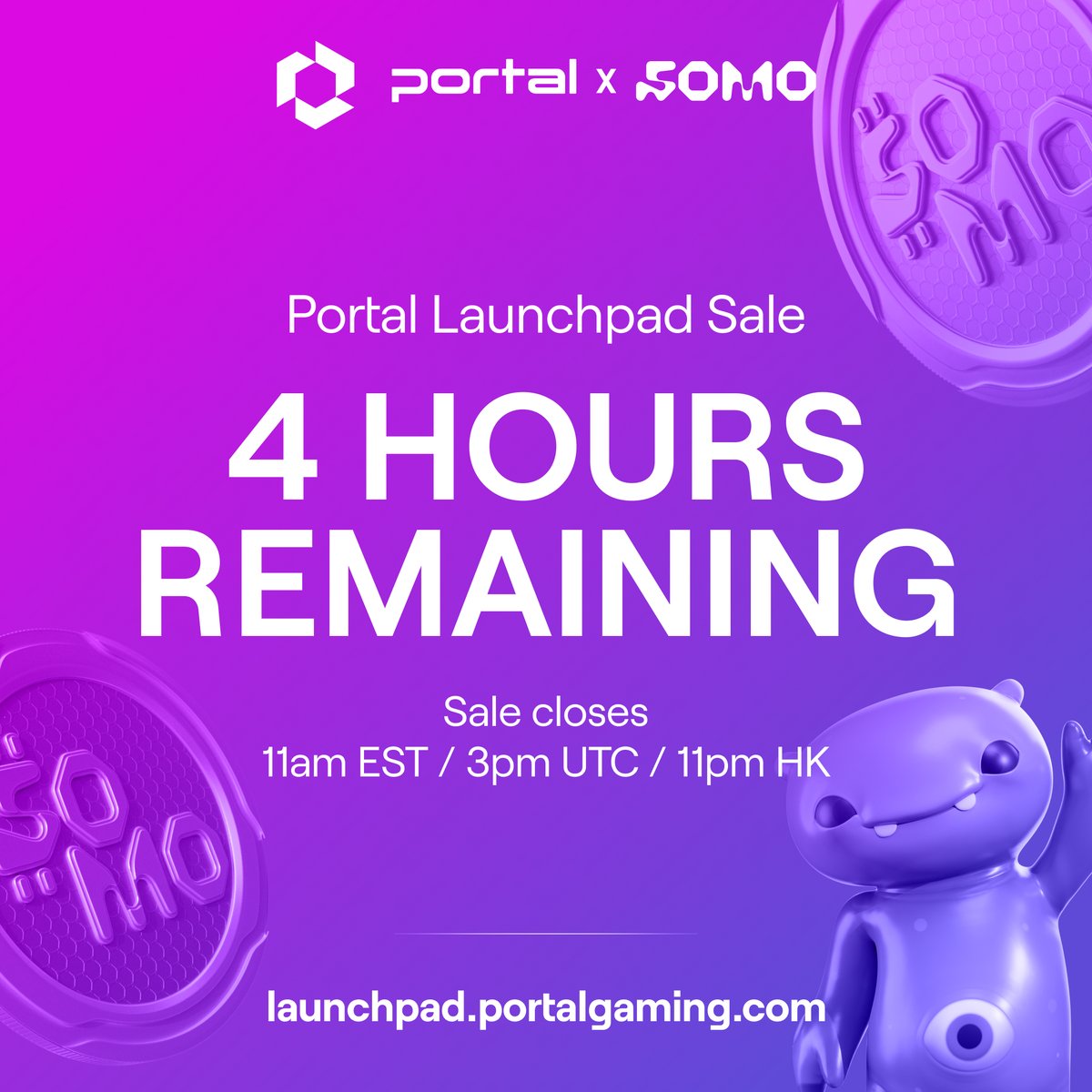 4 hours left in the Launchpad Sale! $SOMO is the token powering @playsomo, an IP set to take over entertainment - on sale now. $PORTAL stakers receive guaranteed access, bigger tickets, and Crystal Dash boosts. Your gateway into Web3 gaming: launchpad.portalgaming.com 🎮