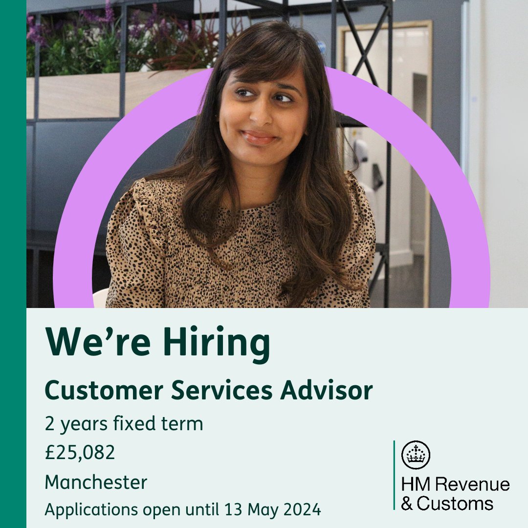 👩‍💻 Customer Services Advisor                  
💷 £25,082
📍   Manchester 

We are recruiting for Customer Services Advisors. This is a great role to start your career with us here at HMRC.

Apply now. 👇

civilservicejobs.service.gov.uk/csr/jobs.cgi?j…

#PeoplePurposePotential #CivilServiceJobs #NewJob