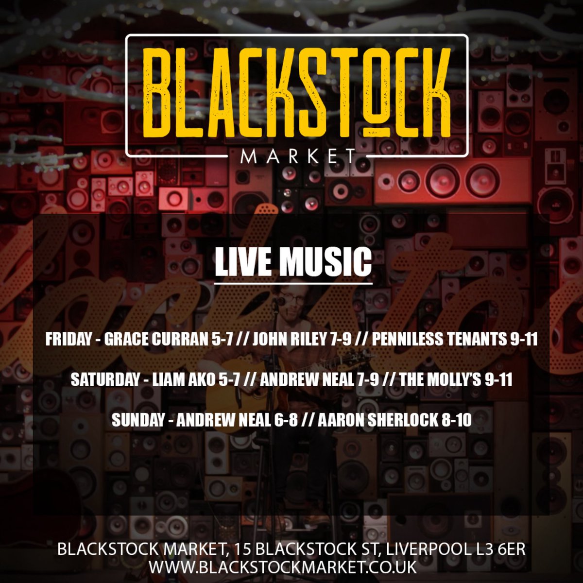 Catch live tunes 🎶 & nightly comedy 🎭 at @blsckstockmkt! 🌟 Free music entry, comedy tickets online. Food till 10pm! 🍔 Doors open 12pm today, 11am Sat & Sun. Don't miss out! 🎉 #LiveMusic #ComedyNight