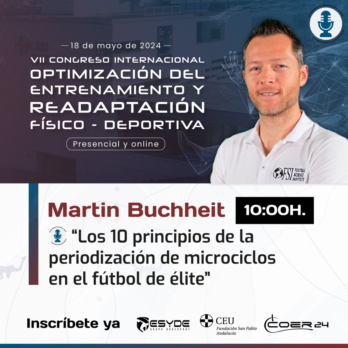 ¡@mart1buch, científico deportivo, fisiólogo, preparador físico y quien ha sido jefe de rendimiento en el @PSG_espanol - es el encargado de impartir la conferencia inaugural! 🔹Se profundizará sobre los 10 principios de la periodización de microciclos en el fútbol de élite. #coer