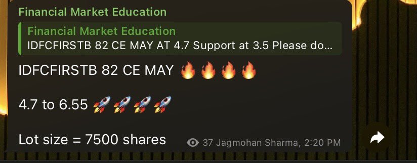 Two #optionstrade Shared on #Telegram group.

#idfcfirstb 82 CE MAY
4.7 to 6.55
Lot size = 7500 shares ✅

#bhel 270 CE MAY
19 to 21.90
Lot size = 2625 Shares ✅

#optionbuying #OptionsTrading #Options #trading #Options #StockMarket