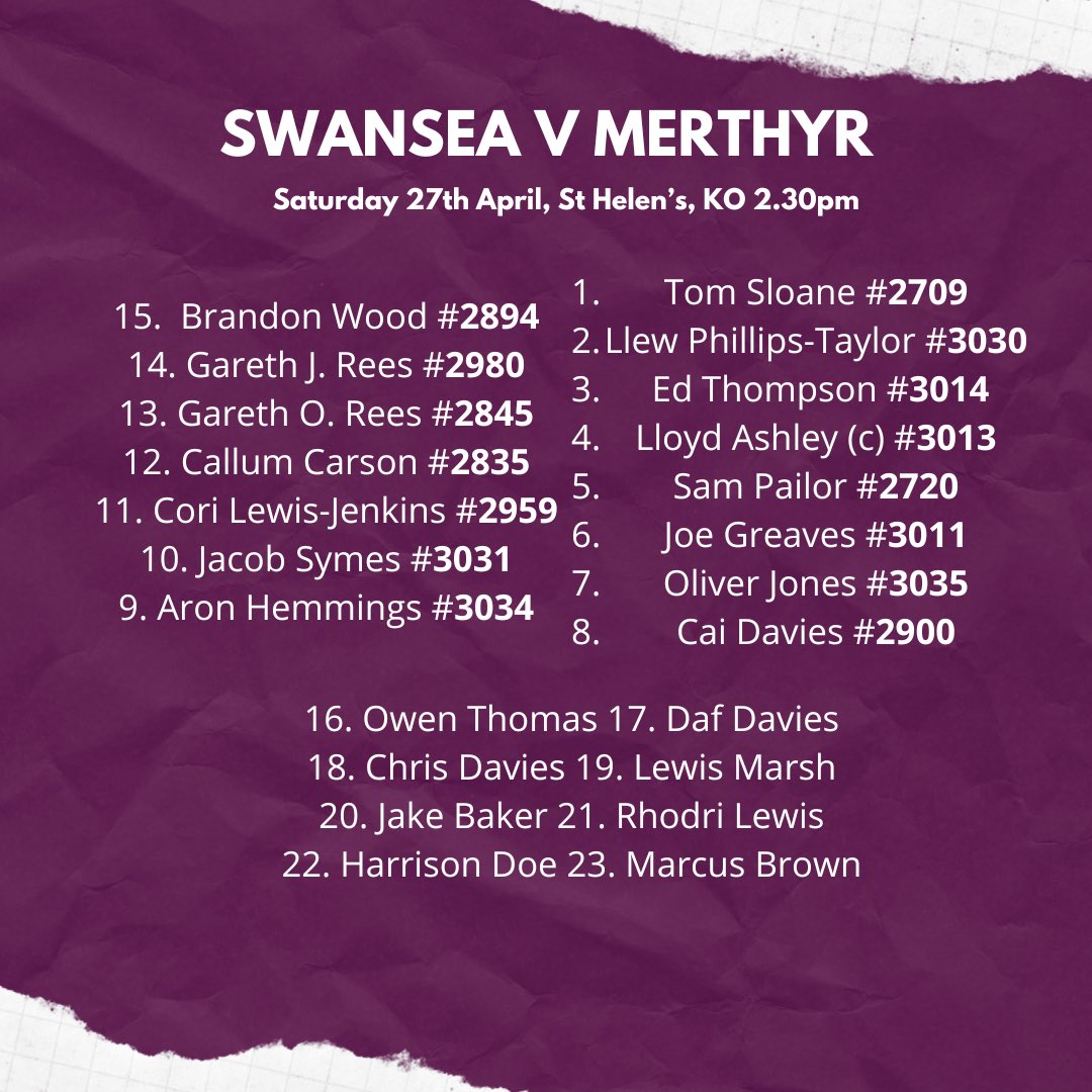 Swansea Rugby Club (@swansearfc) on Twitter photo TEAM NEWS | Our penultimate game of the season and your team is HERE!
🏠<a href="/callumcarson99/">Callum Carson</a> is home!
🧢<a href="/lloydashley91/">Lloyd Ashley</a> leads once again
Join us for our final game at St Helen’s!
📍St Helen’s
⏰KO 2.30pm
↘️ swansearfc.co.uk TEAM NEWS | Our penultimate game of the season and your team is HERE!
🏠<a href="/callumcarson99/">Callum Carson</a> is home!
🧢<a href="/lloydashley91/">Lloyd Ashley</a> leads once again
Join us for our final game at St Helen’s!
📍St Helen’s
⏰KO 2.30pm
↘️ swansearfc.co.uk