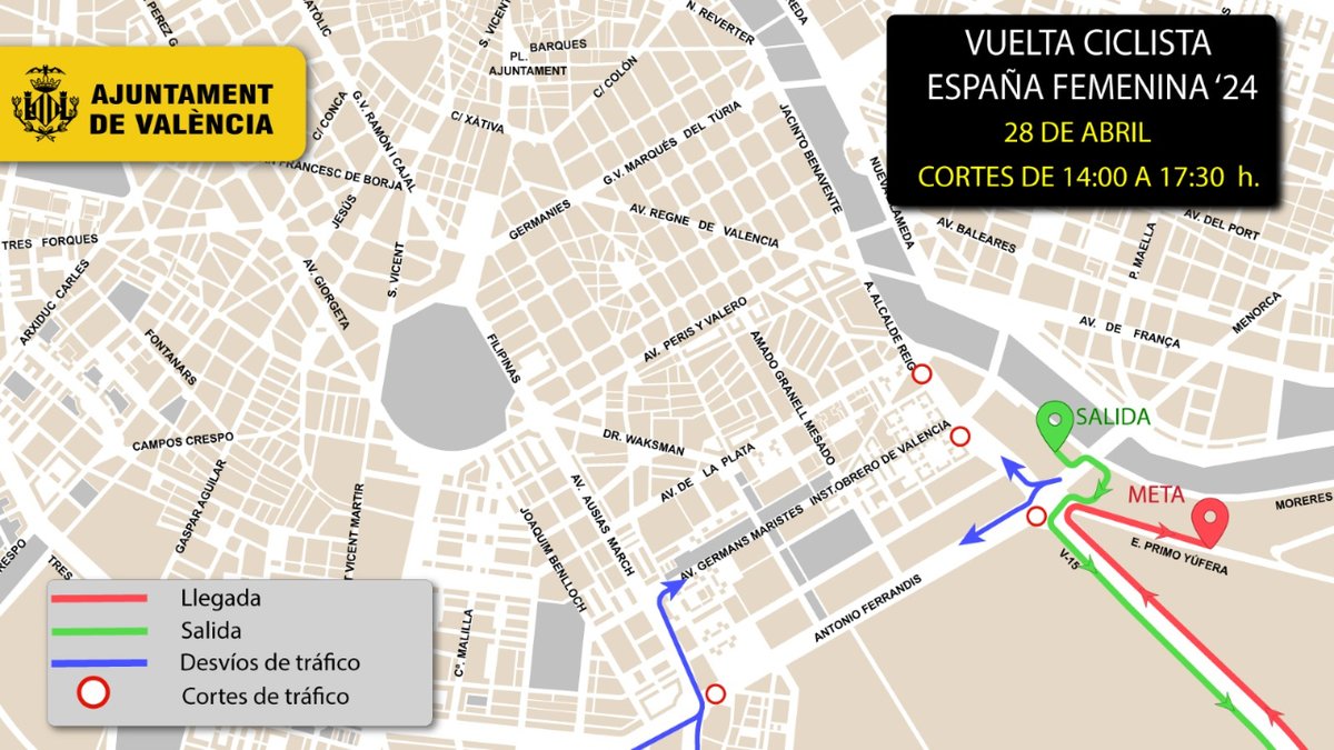 📢Este diumenge Valencia acull la 1ªetapa de la Volta Ciclista Femenina ⚠️Talls de trànsit des de les 14:00 fins les 17:30 Mes informació a @TransitValencia