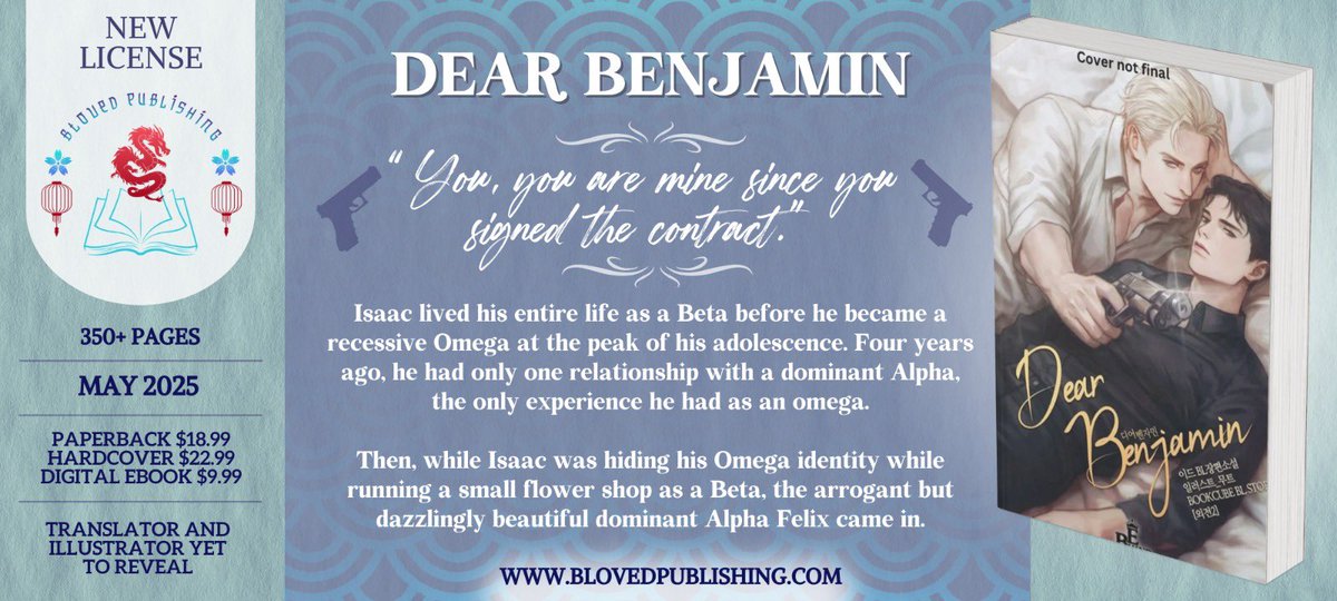 New Korean BL novel license announcement!!! Preorders are live blovedpublishing.com 💜
#publisher #publishers #newbook #newtitle #newlicense #booktok #BookTwitter #booktwt #bl #BoysLove #blnovel #dearbenjamin #NewRelease #omegaverse