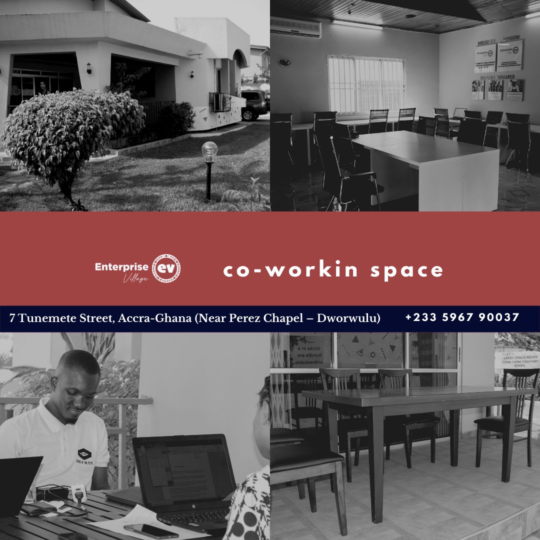 Open your door to the world of co-working with Enterprise Village. Our space aims at creating an environment where professional individuals and entrepreneurs can work, network, collaborate, and present their ideas. Contact us on 0246717294 #coworkingspace #evhubaccra