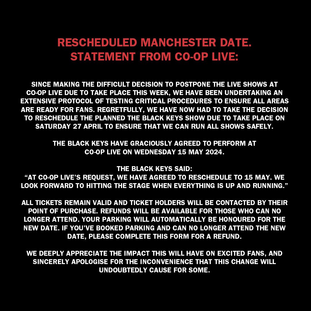 RESCHEDULED MANCHESTER DATE. Statement from @TheCoopLive