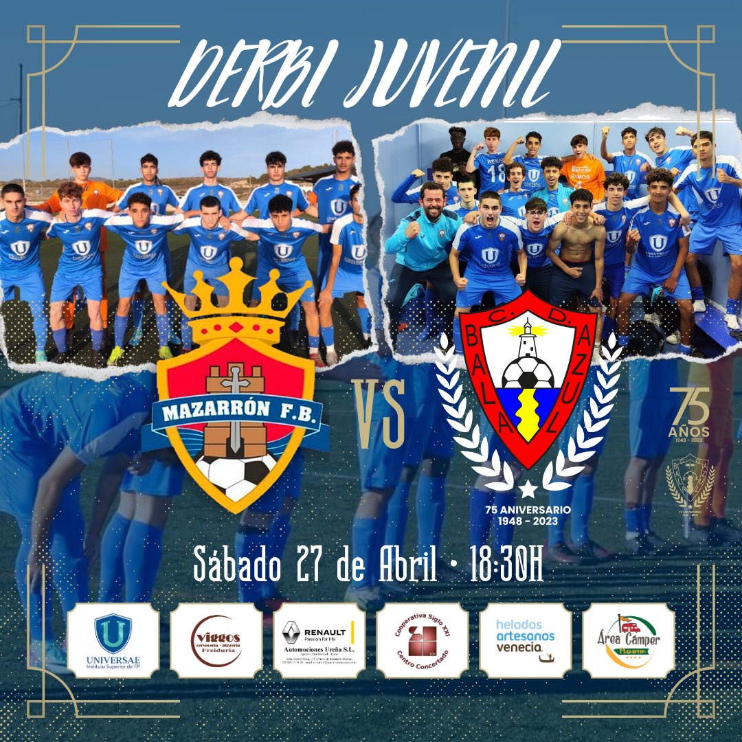 👊 ¡Esta semana tenemos 𝐝𝐞𝐫𝐛𝐢 𝐣𝐮𝐯𝐞𝐧𝐢𝐥!

🆚 @mazarron_fb.
📆 Sábado 26 de Abril.
⏰ 18:30H.
🏟️ Complejo Deportivo de Mazarrón.

🦈 #VamosBala