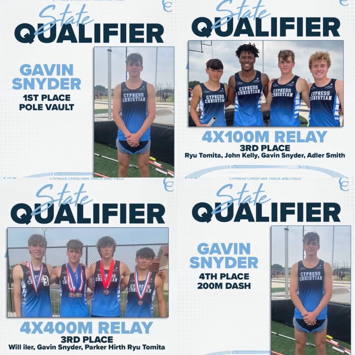 Gavin Snyder- State Bound in all 4 events!
Polevault
4x100
200
4x4