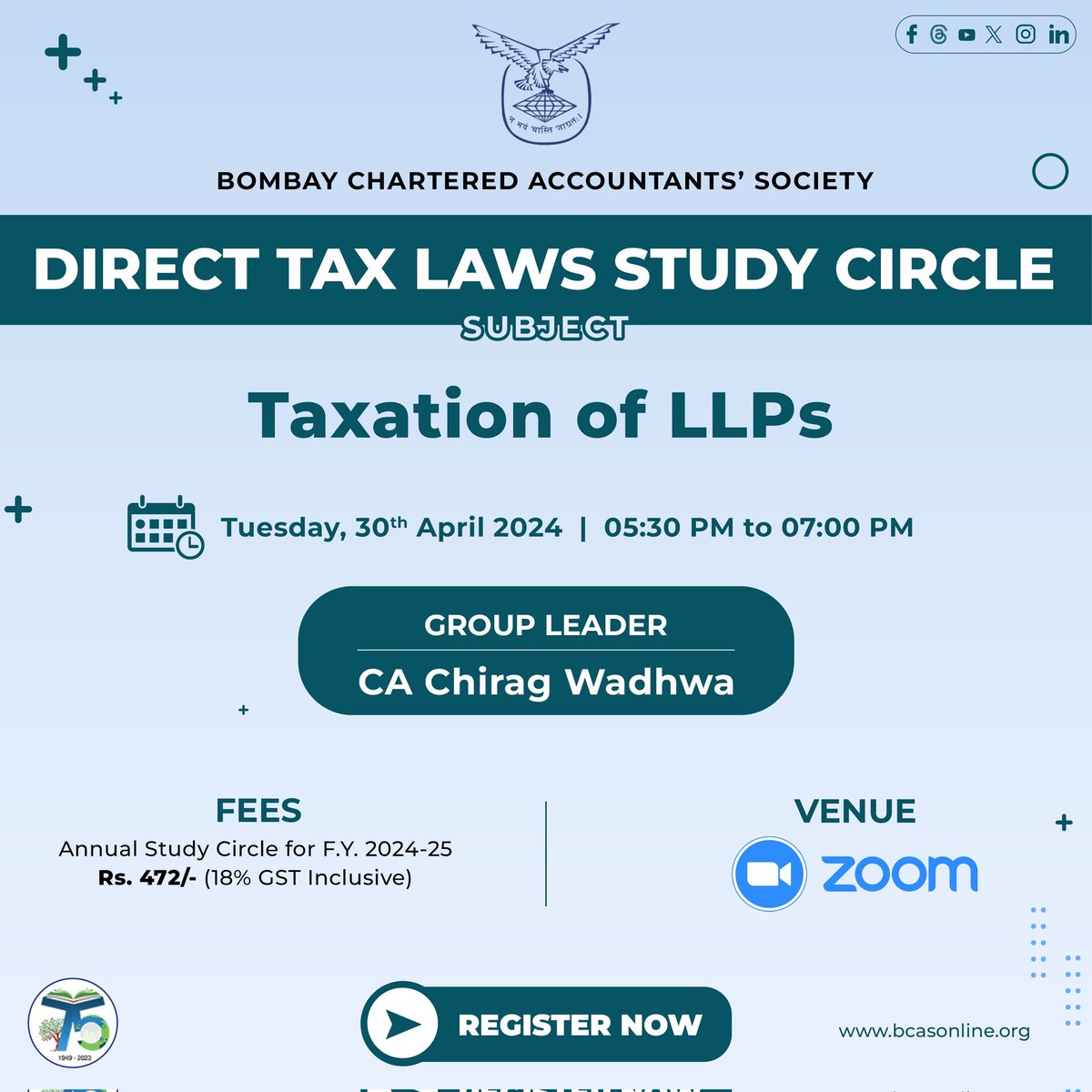 Dive Deep into LLP Taxation: Upcoming Study Circle Sessions! Calling all BCAS members! The Direct Tax Laws Study Circle is hosting an informative session: 🗓 Tuesday, April 30th, 2024 (5:30 PM - 7:00 PM): Taxation of LLPs (Led by CA Chirag Wadhwa) (1/2)