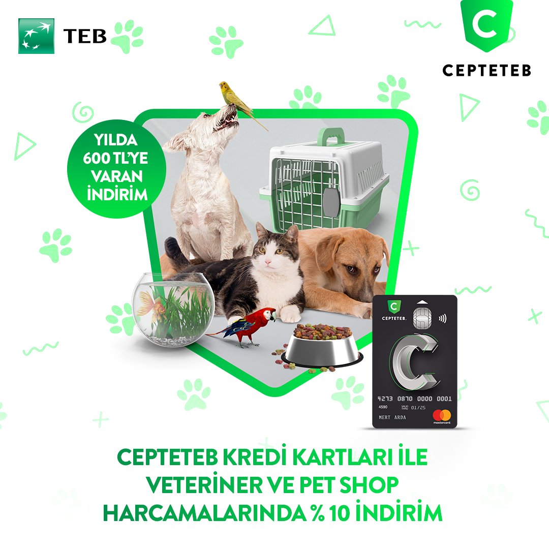 CEPTETEB Kredi Kartları ile sevimli dostlarımıza özel veteriner ve pet shop harcamalarında %10 indirim kazan. Detaylı bilgi için web sitemizi ziyaret edebilirsin.