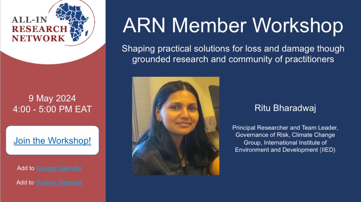 Good news: May’s ALL-IN Research Network (ARN) Member Workshop will be public! Join ICED & @MRRInnovLab to explore how grounded research & practitioner community can shape practical solutions for loss & damage. 📆 May 9, 2024 🕘 4-5pm EAT (1-2pm GMT) 🌐 bit.ly/ARNMay