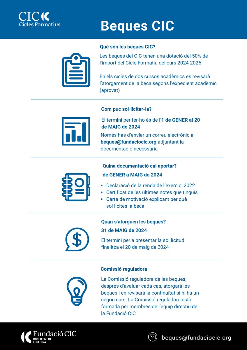 CIC Cicles (@ciclescic) on Twitter photo IMPORTANT: recordeu que fins el 20 de maig podeu sol·licitar la beca CIC amb el que podeu finançar el 50% de l'import del cicle triat a la nostra escola. Una oportunitat única!! IMPORTANT: recordeu que fins el 20 de maig podeu sol·licitar la beca CIC amb el que podeu finançar el 50% de l'import del cicle triat a la nostra escola. Una oportunitat única!!