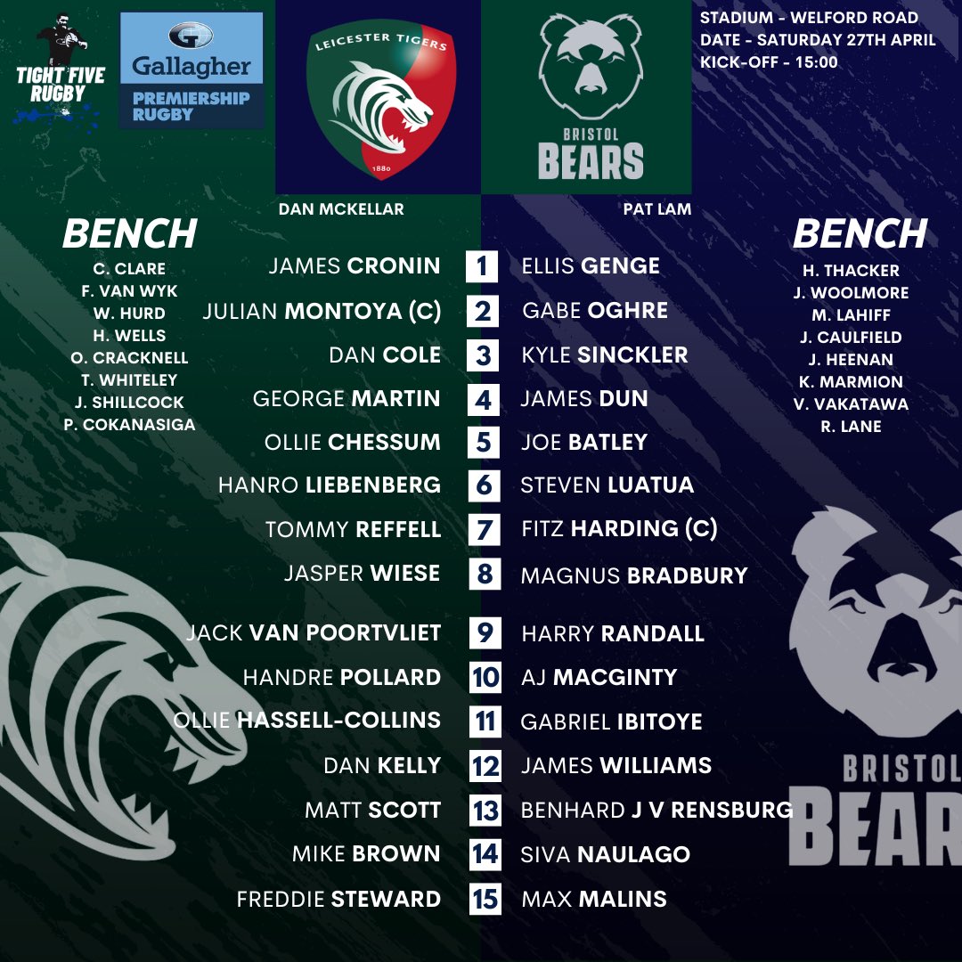 🐯 𝗟𝗘𝗜𝗖𝗘𝗦𝗧𝗘𝗥 𝘃𝘀 𝗕𝗥𝗜𝗦𝗧𝗢𝗟 🐻 It’s five points or season over for Leicester. That’s their best XV in my eyes, George Martin a massive inclusion. Bristol in scintillating form. A clash of styles this one! #GallagherPrem