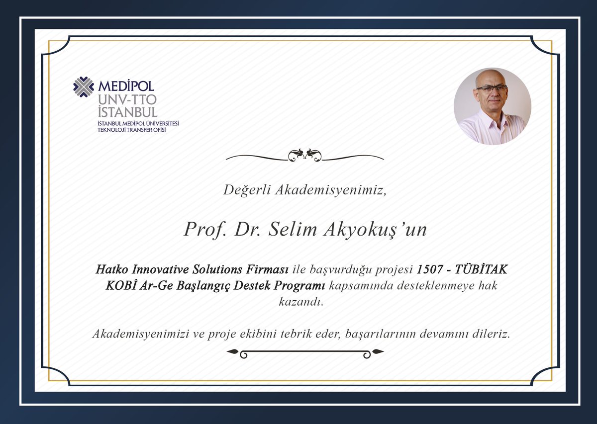 Medipol TTO A.Ş. (@medipoltto) on Twitter photo 📣 Değerli Akademisyenimiz Prof. Dr. Selim Akyokuş’un TÜBİTAK 1507 kapsamında Hatko Innovative Solutions Firması ile gerçekleştirdiği proje başvurusu desteklenmeye hak kazandı!
Akademisyenimiz ve proje ekibini tebrik ediyor, başarılarının devamını diliyoruz.
<a href="/medipolunv/">Medipol Üniversitesi</a> 📣 Değerli Akademisyenimiz Prof. Dr. Selim Akyokuş’un TÜBİTAK 1507 kapsamında Hatko Innovative Solutions Firması ile gerçekleştirdiği proje başvurusu desteklenmeye hak kazandı!
Akademisyenimiz ve proje ekibini tebrik ediyor, başarılarının devamını diliyoruz.
<a href="/medipolunv/">Medipol Üniversitesi</a>