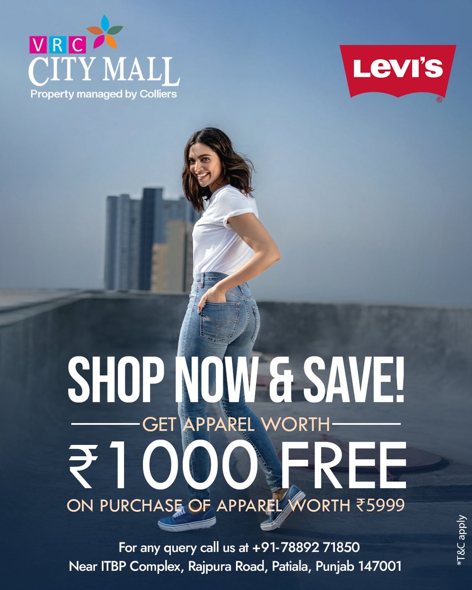 Discover the latest styles of Levi's at VRC City Mall! 
Spend Rs. 5999 on apparel and receive Rs. 1000 worth of free clothing as our special offer.
.
.
#vrccitymallpatiala #vrcmall #LevisStyle #FashionDeals #ShopTillYouDrop #Fashionista #LimitedTimeOffer #WardrobeUpgrade