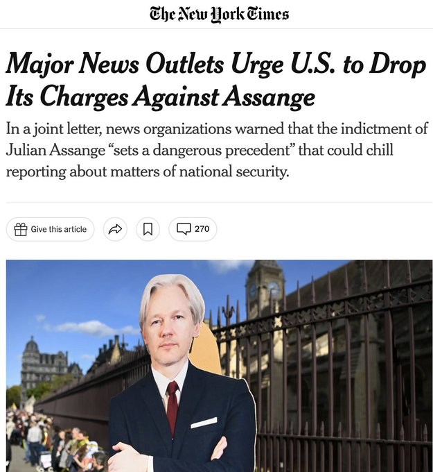 wikileaks's tweet photo. Journalism is not a crime: Editors and publishers of the five media organizations who first partnered with Julian Assange - The New York Times, The Guardian, Le Monde, El País and Der Spiegel - call for his immediate release #FreeAssangeNOW https://t.co/aK6A186mJO https://t.co/nIf8i46bgK