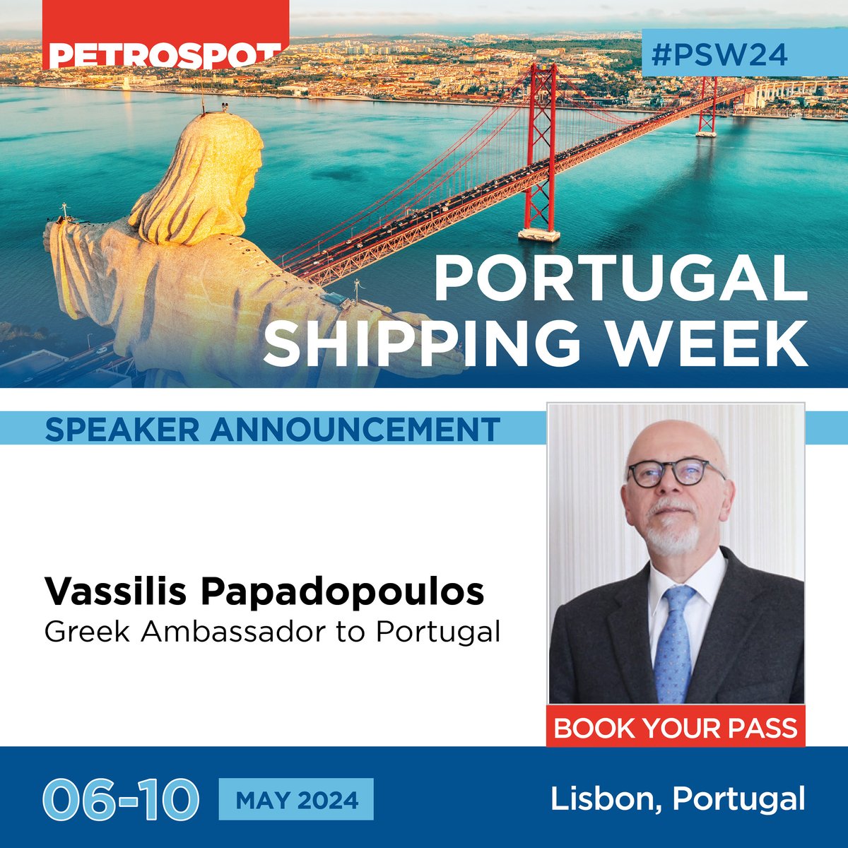 Vassilis Papadopoulos, Greek Ambassador to Portugal will be speaking at Portugal Shipping Week taking place in Lisbon 6-10 May 2024. • View the programme here ➔ lnkd.in/emKKW94M • Register to attend here ➔ lnkd.in/ezfMeS_Z #PSW24 #SES24 #Portugal #Lisboa