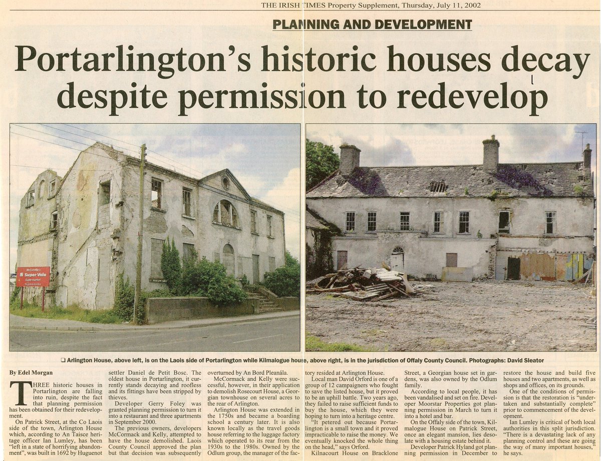 Of the two Portarlington houses pictured in this July 2002 Irish Times feature, that on the right, Kilmalogue House, has since been restored while Arlington House's ruinous condition is unchanged.
3/4