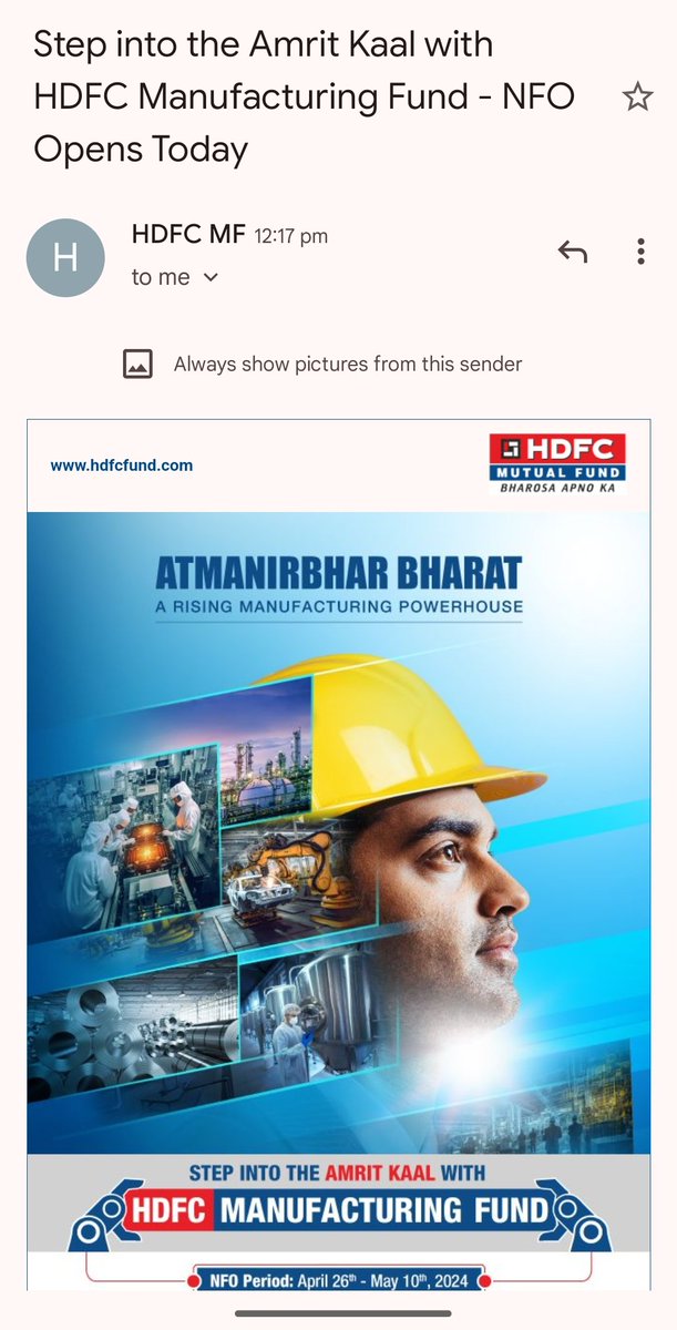 Emailer from HDFC Mutual Fund. Interesting timing. 12:17 pm on the day of the second round of voting. Interesting choice of phrases. 'Amrit Kaal' and 'Atmanirbhar Bharat'.