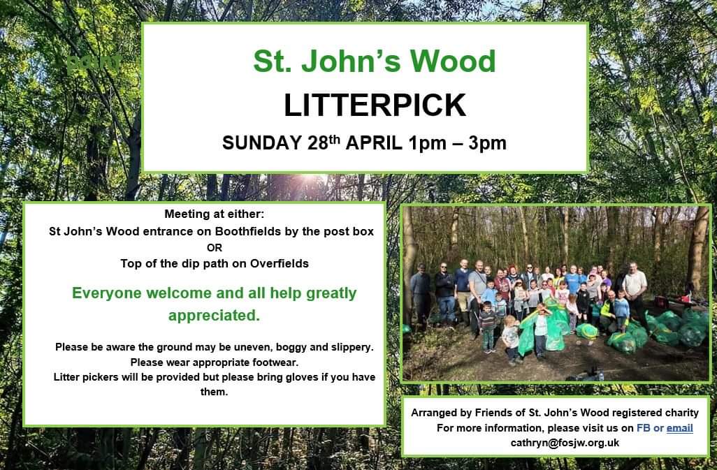 The <a href="/FOStJohnsWood/">Friends of St John's Wood</a> spring litterpick is this Sunday 28th April 1-3pm. Volunteers greatly needed, families welcomed, litterpick equipment provided by <a href="/KnutsfordTown/">Knutsford Town Council</a>. Meet Boothfields or Overfields #Knutsford
