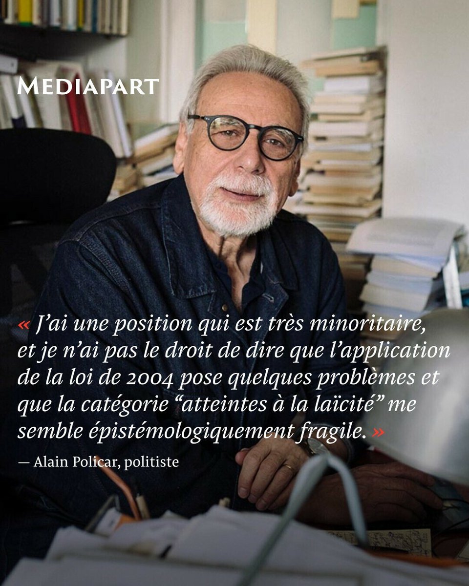 Alain Policar a été démis de ses fonctions au Conseil des sages de la laïcité à cause de ses critiques sur la loi de 2004 interdisant le voile à l’école. Il déplore cette décision. 👉‍ l.mediapart.fr/NhJ