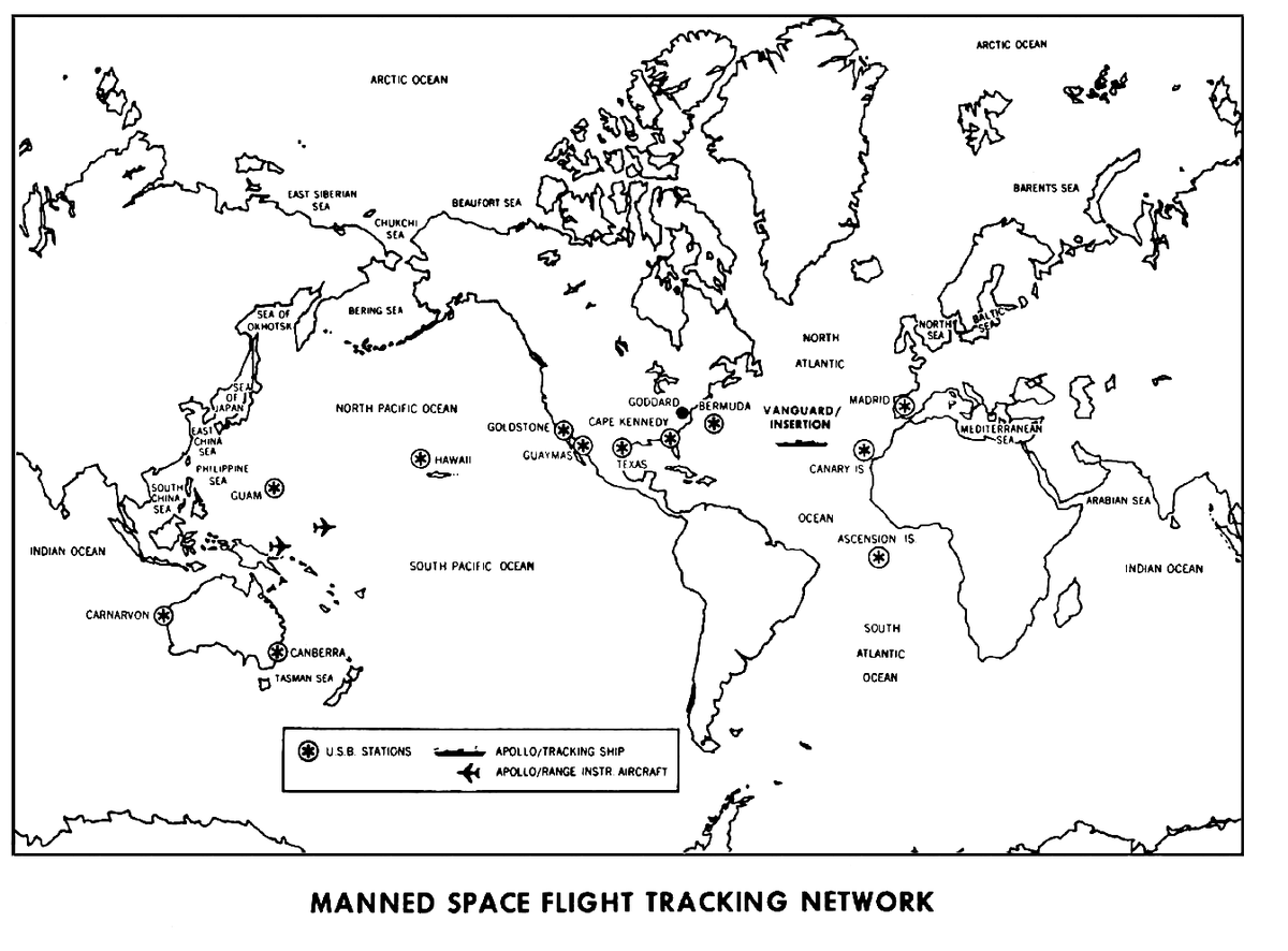 Wereldwijde communicatienetwerkstations zoals ingezet voor #Apollo13.

Het gat in de dekking van de Atlantische Oceaan werd opgevuld door het schip Vanguard, terwijl vliegtuigen de dekking van de Stille Oceaan voltooiden.