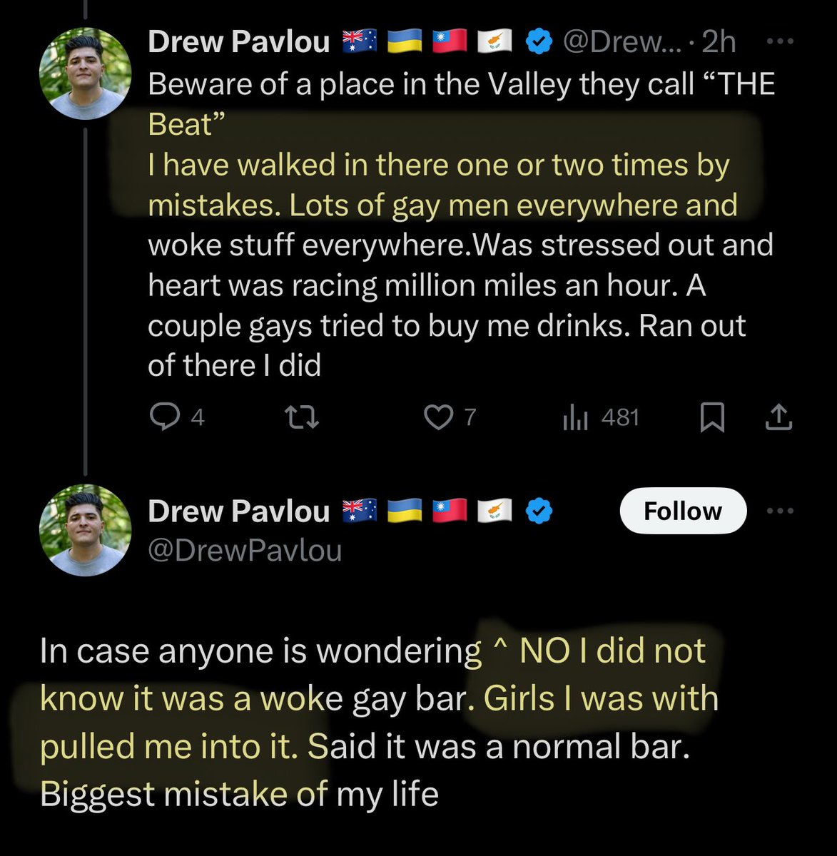 Not only is @DrewPavlou a weird homophobic shit gibbon. But he’s also a dishonest homophobic shit gibbon who makes up weird stories about going to clubs. The first tweet he says went there mistakenly twice. The tweet he claims girls took him there. He’s either dumb or lying .