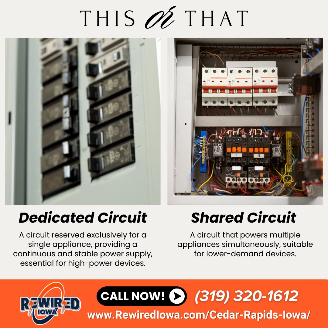 Keep your appliances safe and efficient with Rewired Iowa! Whether you need dedicated or shared circuits, our expert electricians offer customized solutions in Cedar Rapids IA. Contact us at (319) 320-1612 for top-notch service. #ElectricalSafety #HomeImprovement