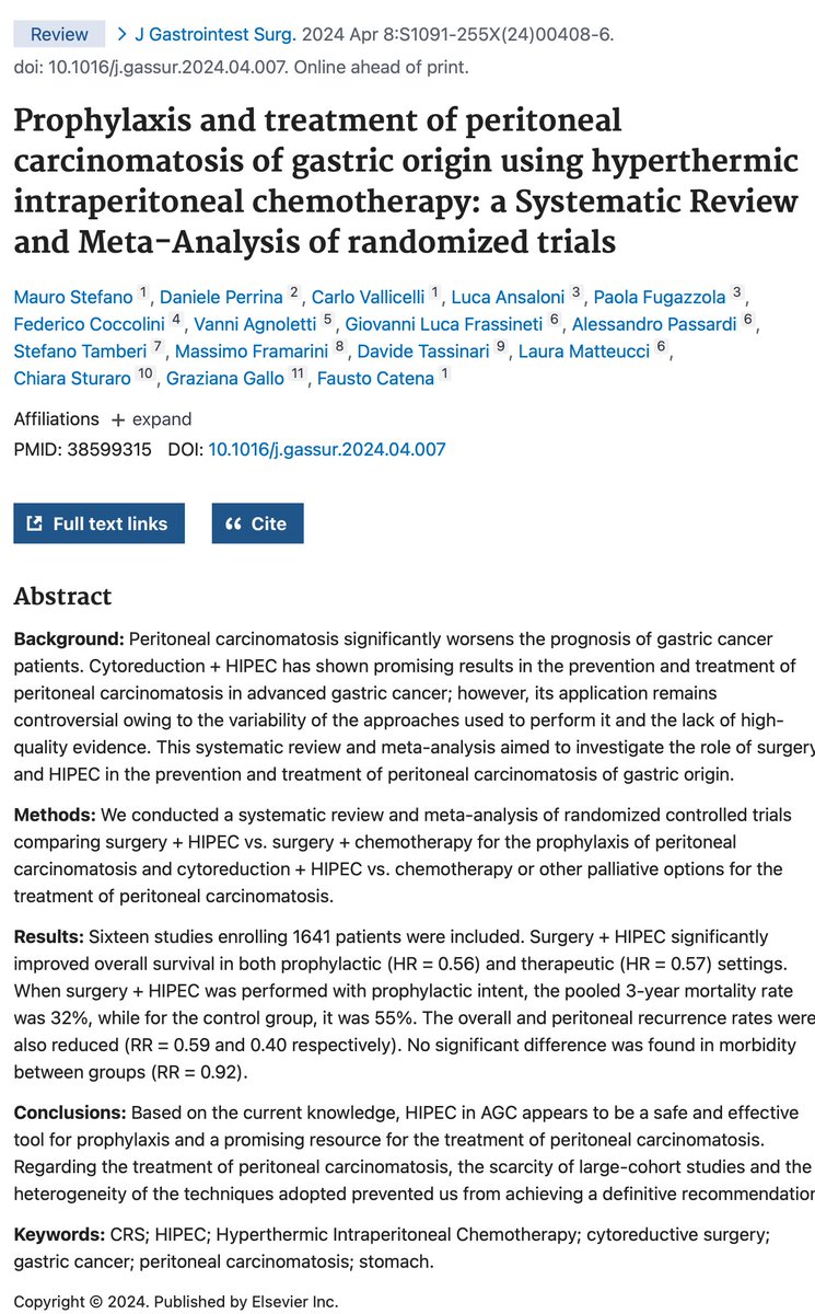 Meta-analysis shows HIPEC significantly improves survival in gastric cancer with peritoneal carcinomatosis. 3-year mortality reduced to 32% with HIPEC vs. 55% in control. #GastricCancer #HIPEC #CancerTreatment #Oncology