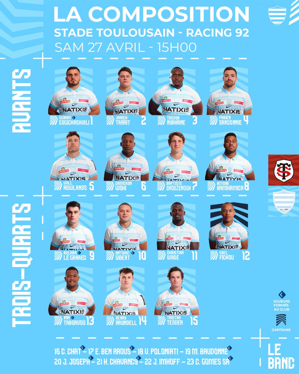 retour à Toulouse 📺 𝚟𝚎𝚛𝚜𝚒𝚘𝚗 𝚃𝙾𝙿 𝟷𝟺 

 Avec @randstad_france, découvrez les 23 Racingmen qui affrontent le Stade Toulousain demain à Ernest Wallon ! 

#STR92 #RacingFamily