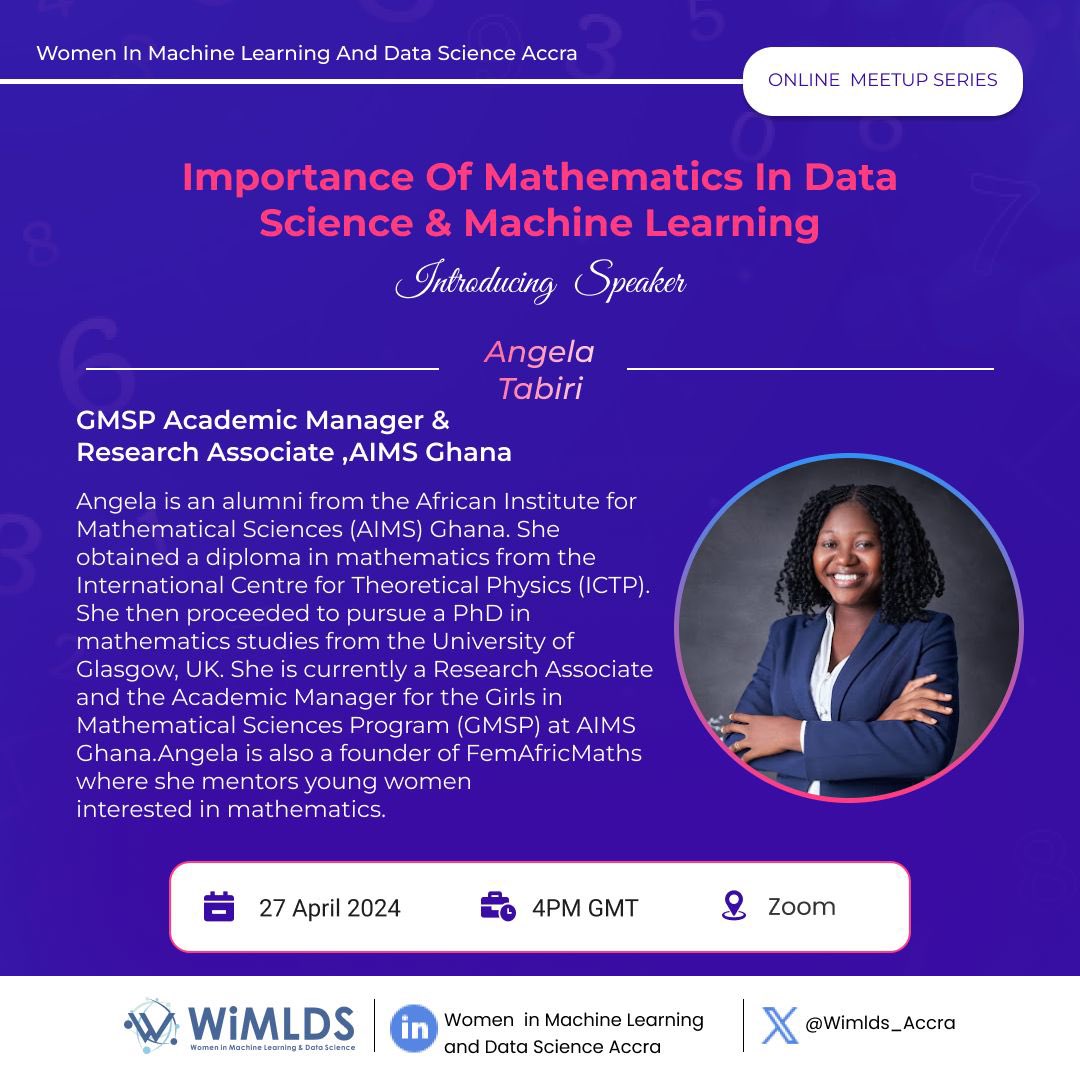 It’s just a day more to our April Meetup on the ‘Importance of Mathematics in DataScience and Machine Learning’ We are excited to share information on our resource person Join us this Saturday, 27th of April at 4pm GMT for an insightful session Register: bit.ly/Wimdls_miml