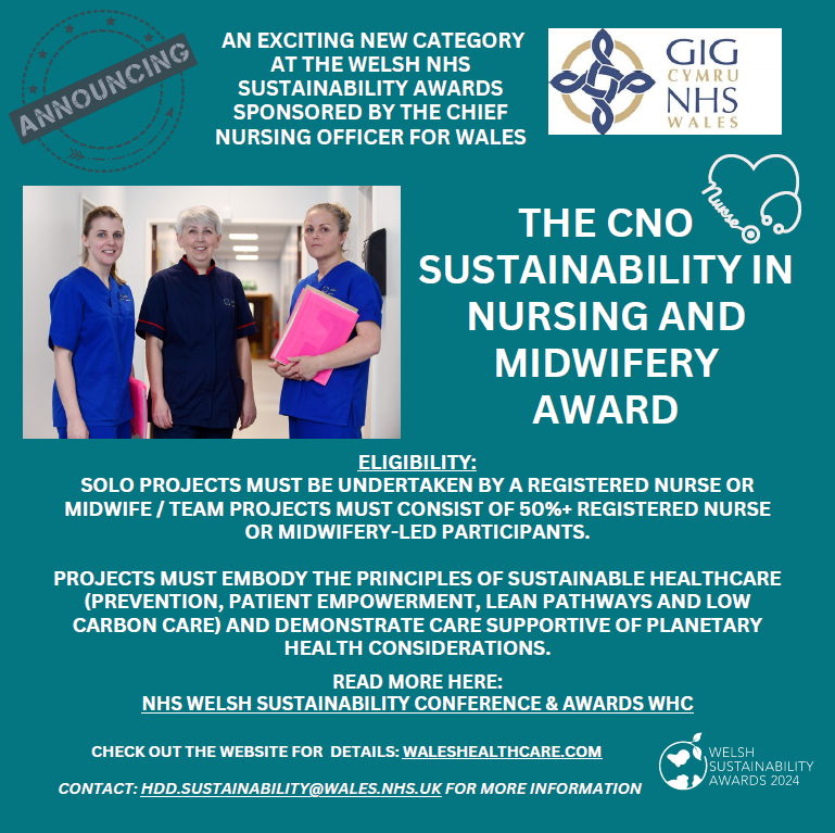 Only 2 weeks left to submit your entries for the NHS Welsh Sustainability Awards by May 10 🏆 A new category has been added for the CNO Sustainability in Nursing and Midwifery Award 👩‍⚕️👶👨‍⚕️ Apply now! gov.wales/nhs-welsh-sust…